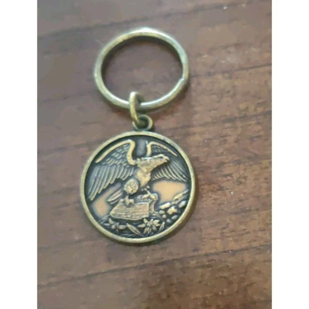 Vintage Brass Eagle Round Metal Keychain W/ Patina